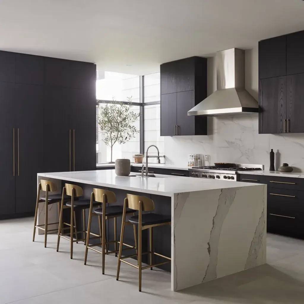 Une cuisine moderne avec un îlot central en marbre, des armoires noires et des tabourets en métal doré.