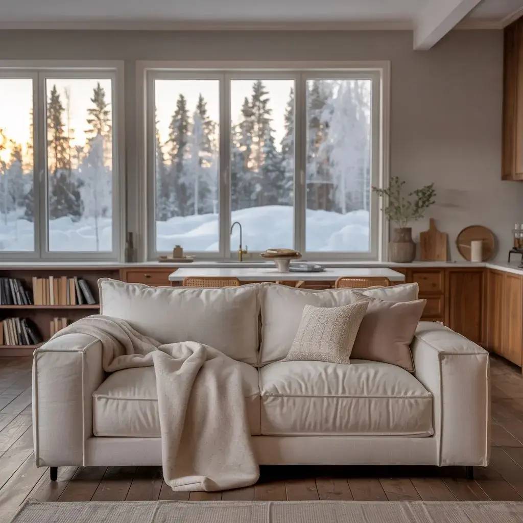 Un salon chaleureux avec un canapé beige confortable, une vue sur des arbres enneigés à travers de grandes fenêtres, et une cuisine ouverte en arrière-plan