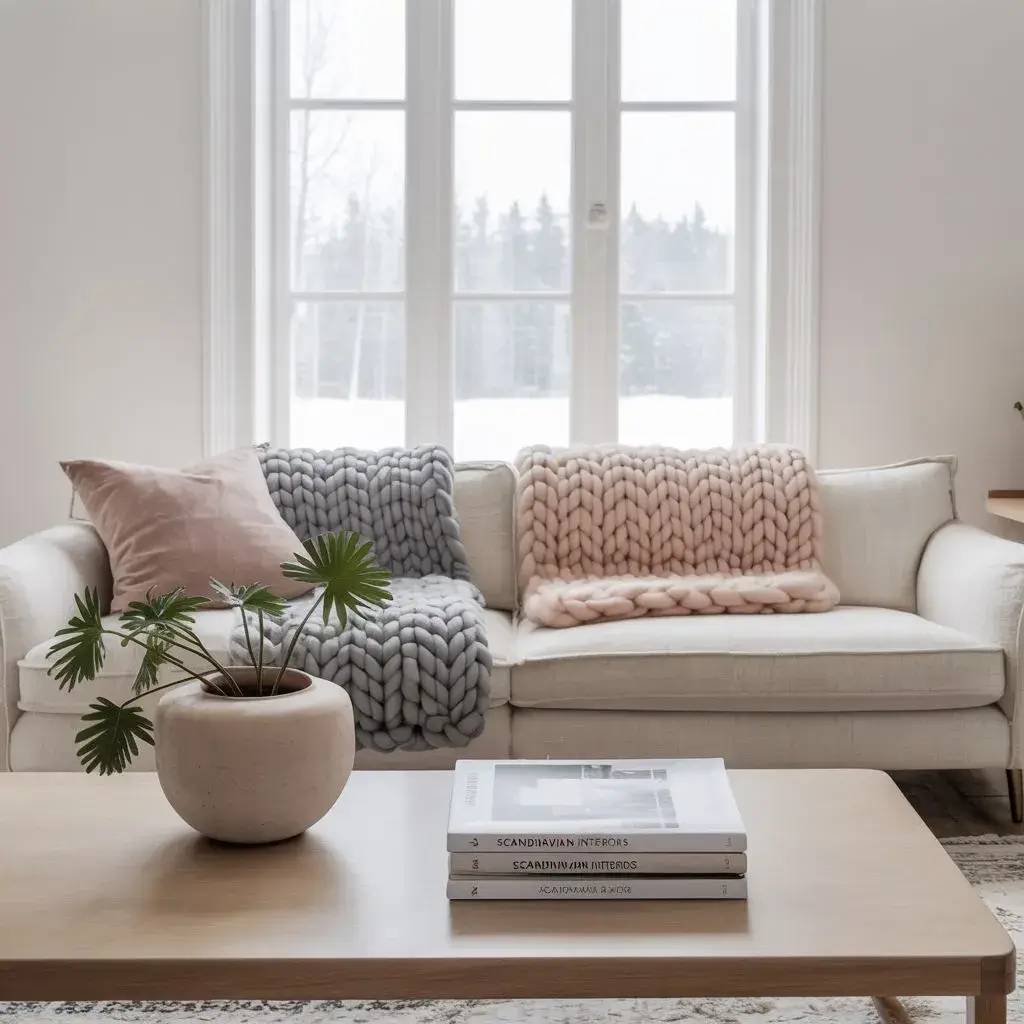 Un salon lumineux avec un canapé blanc, orné de couvertures épaisses en tricot et de coussins pastel, complété par une table basse