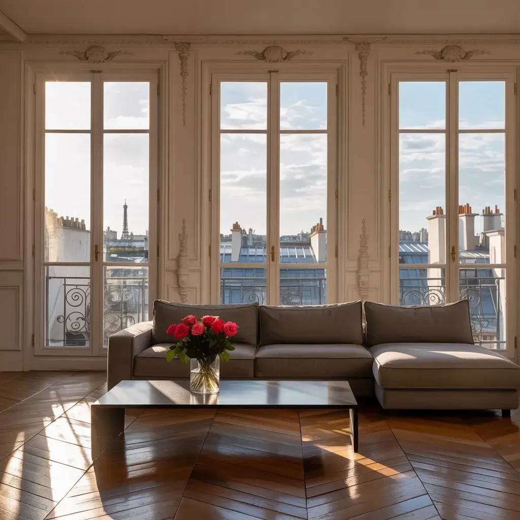 Un élégant salon parisien baigné de lumière naturelle avec vue sur la Tour Eiffel par de grandes fenêtres.