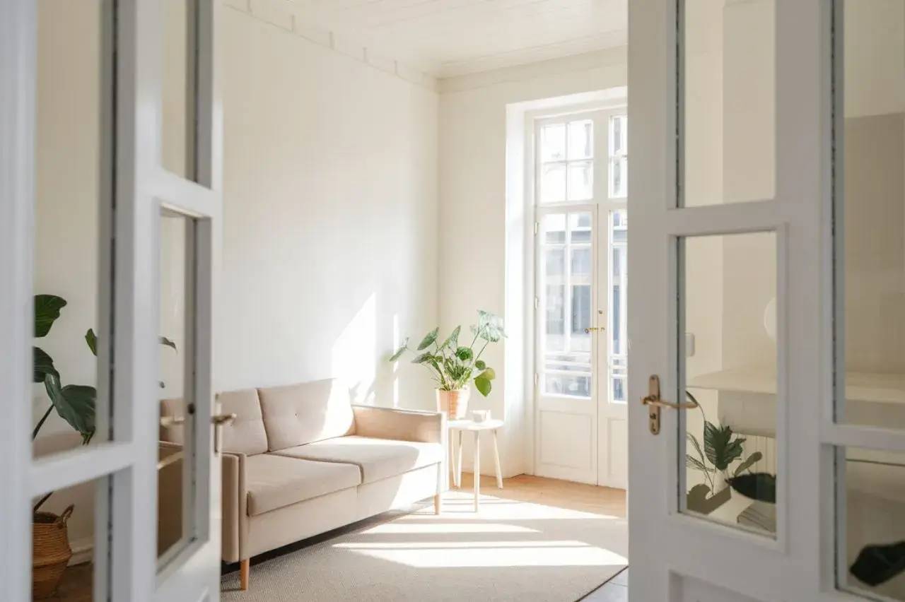 Salle de séjour lumineuse avec un canapé beige, des plantes en pot et une grande fenêtre laissant entrer la lumière naturelle.