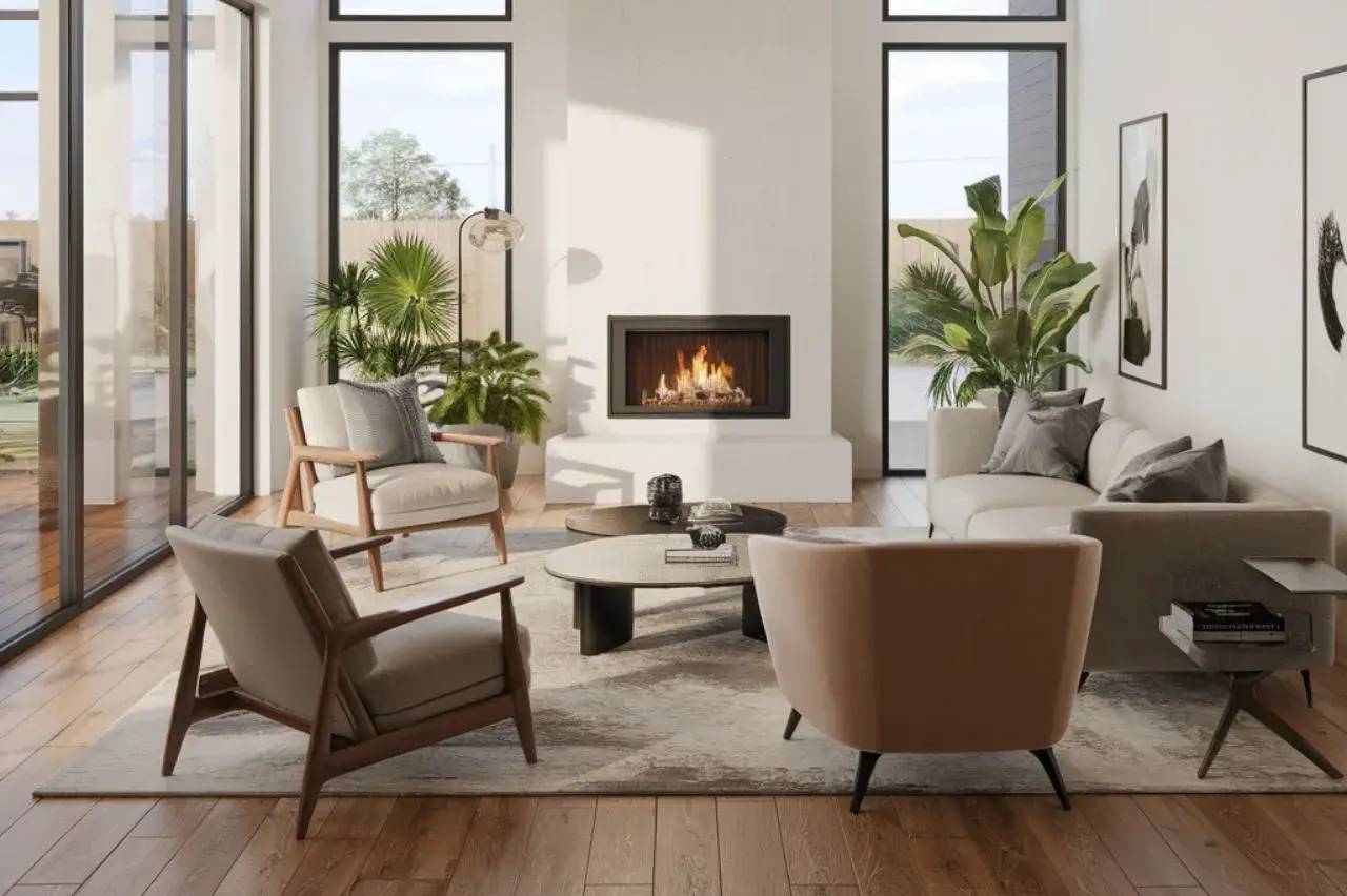 Un salon moderne et lumineux avec de grandes fenêtres, une cheminée et des plantes vertes.