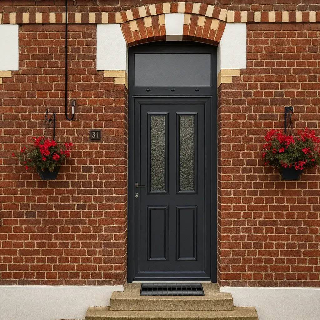 La photo montre une porte d'entrée noire élégante encadrée de briques rouges, avec deux jardinières suspendues contenant des fleurs rouges de