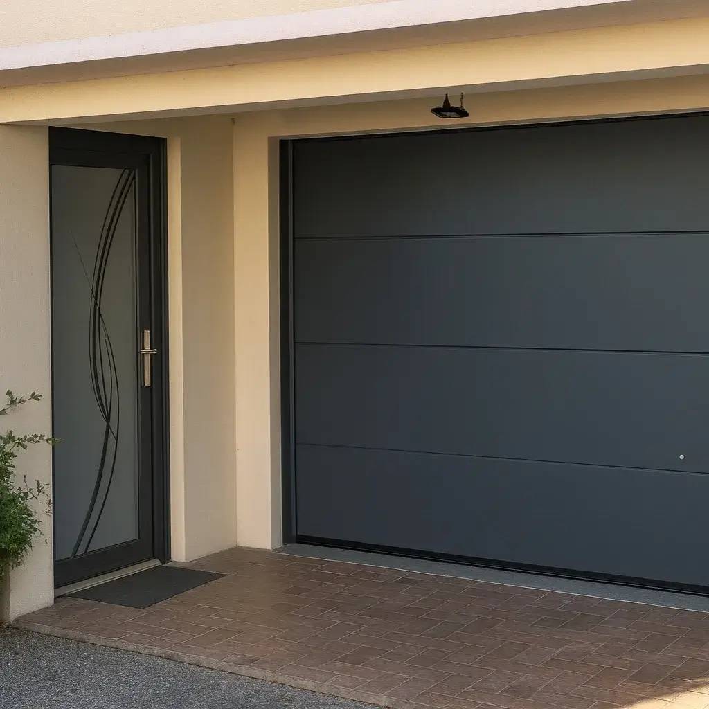 Porte d'entrée moderne et porte de garage modernes en acier gris anthracite sur une façade claire.