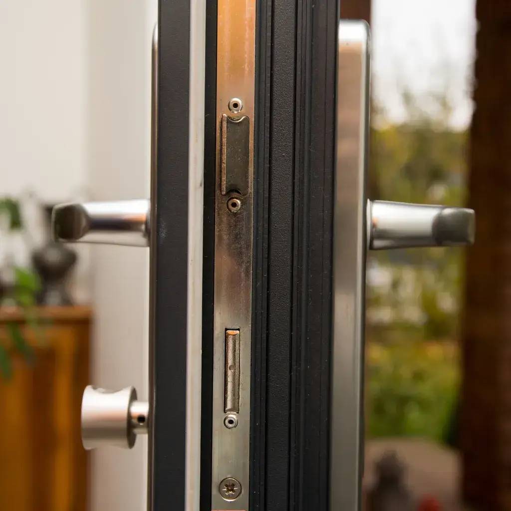 La photo montre un gros plan d'une serrure de porte métallique avec des poignées visibles de chaque côté.