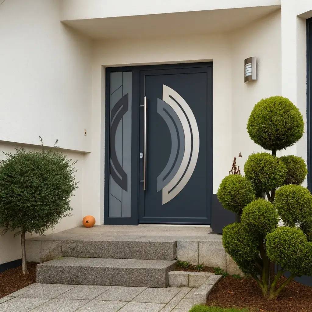 Porte d'entrée moderne avec des motifs géométriques métalliques, encadrée de plantes taillées et de marches en pierre grise.