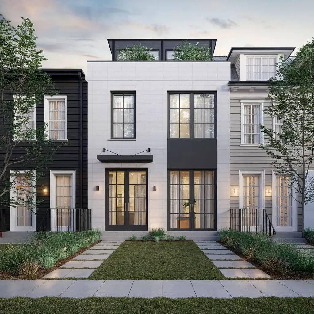 Une maison moderne à deux étages avec une façade élégante, des fenêtres noires et un jardin avant soigneusement entretenu.