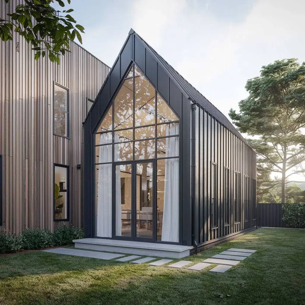 Cette photo montre une maison moderne avec de grandes baies vitrées et une façade en métal noir, entourée de verdure.