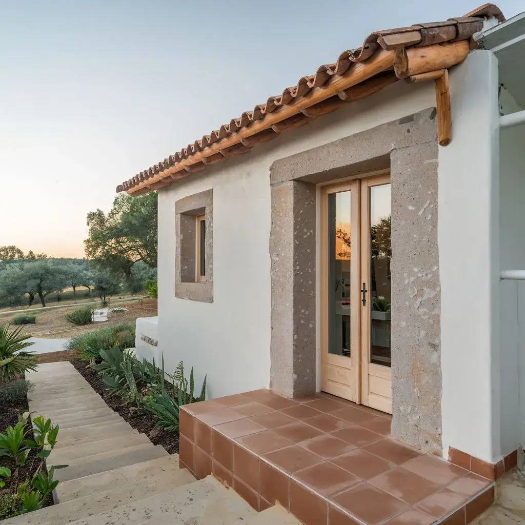 Maison blanche pittoresque avec un toit en tuiles et des vues sur un jardin verdoyant et des oliviers.