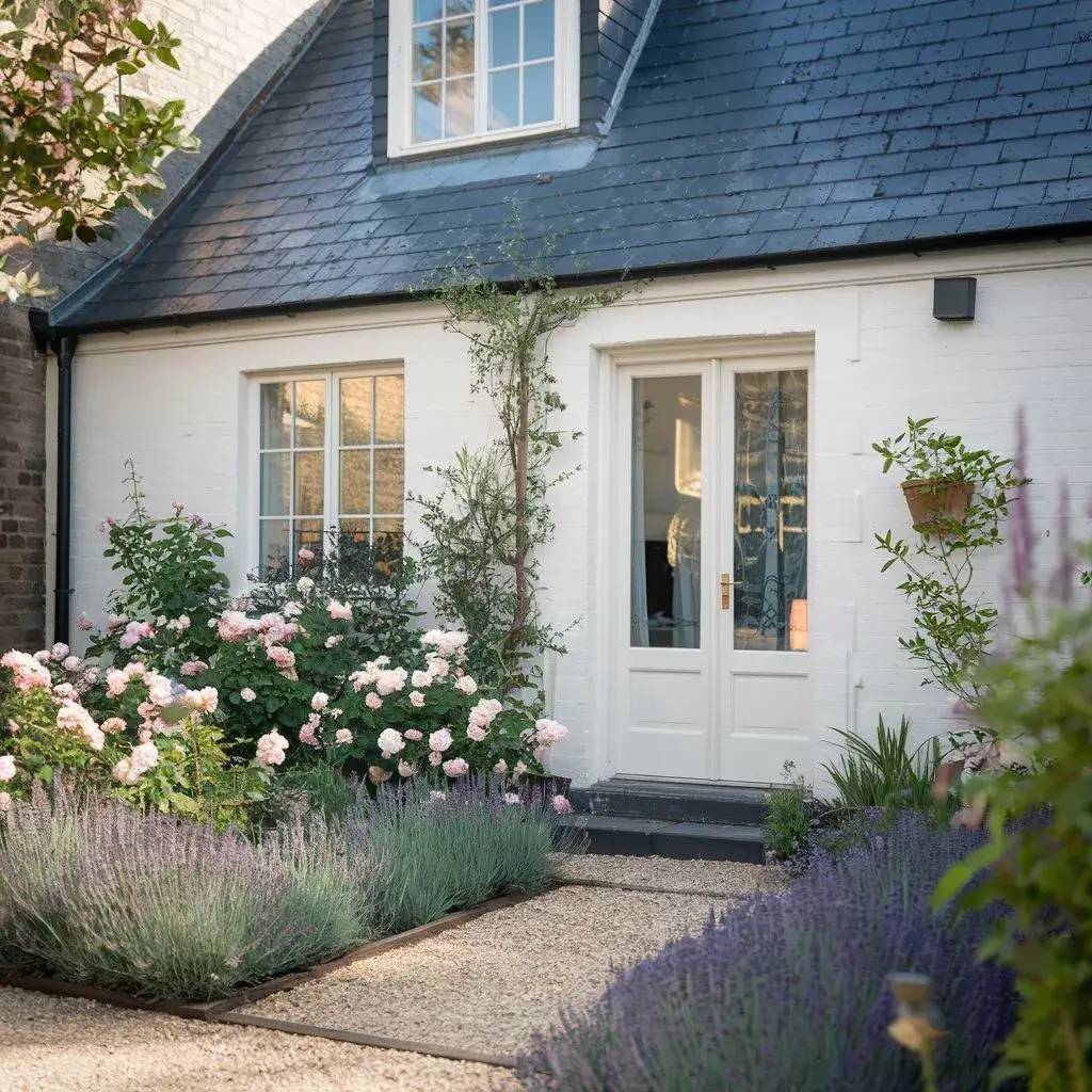 Une charmante maison en briques blanches avec un toit en ardoise, entourée de fleurs et de lavande, offrant une ambiance pais