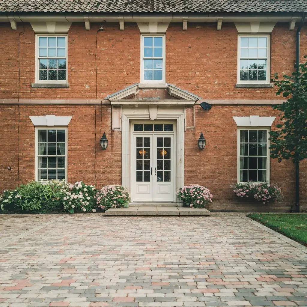 Façade élégante d'une maison en briques rouges avec une porte d'entrée blanche entourée de fenêtres symétriques et de jardinières