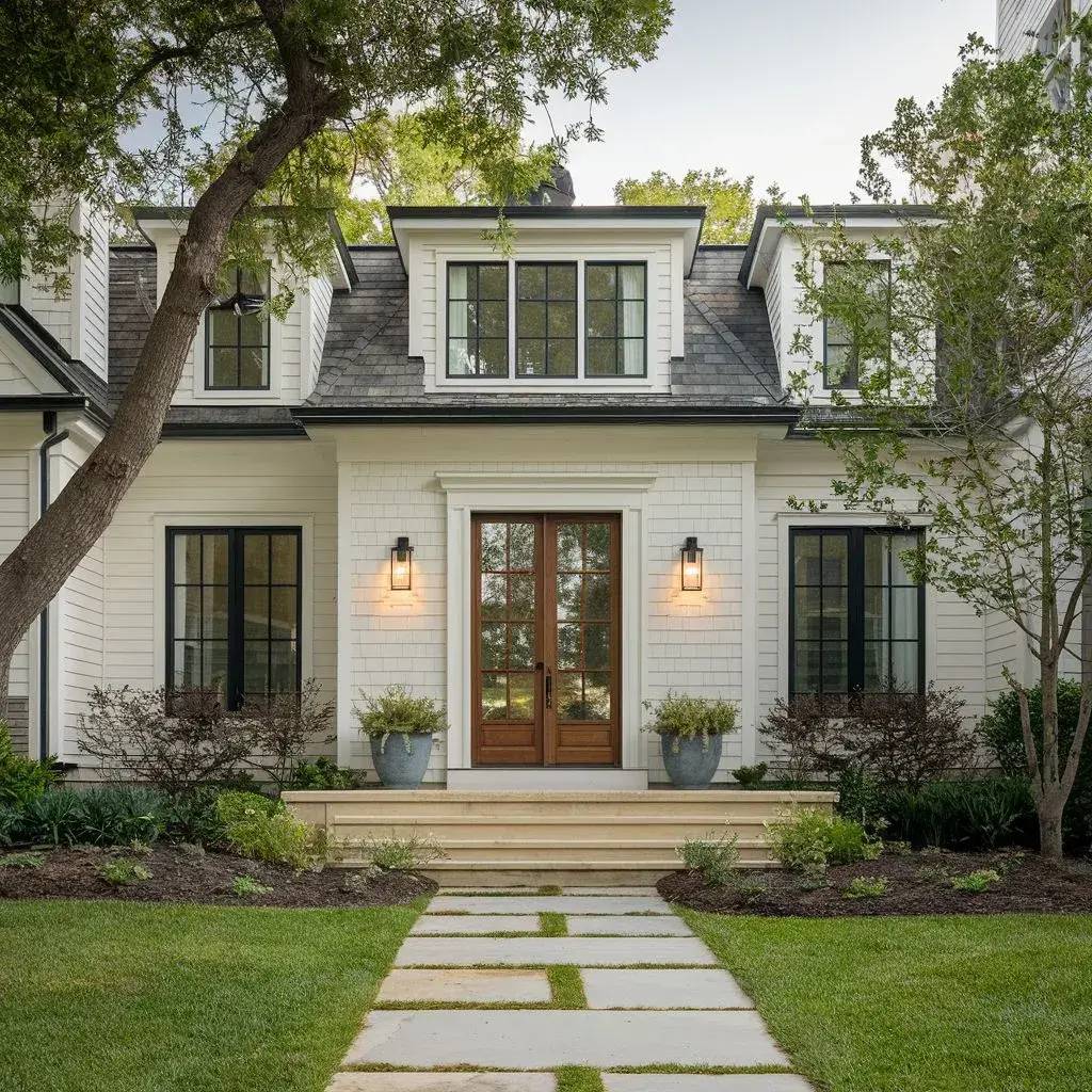 Une élégante maison traditionnelle au revêtement blanc, entourée de verdure, avec des fenêtres à croisillons noirs et un chemin en dalles men