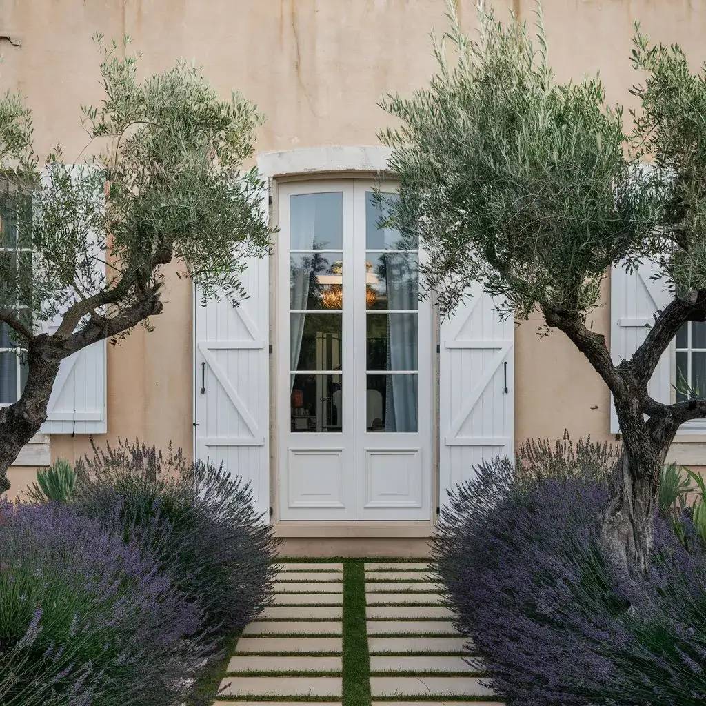 Entrée ensoleillée d'une maison bordée de lavande et d'oliviers avec une porte blanche à volets.