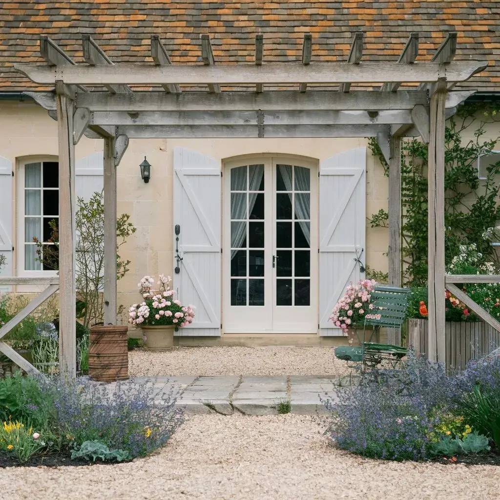 Façade de maison champêtre avec volets blancs, pergola en bois et jardin fleuri parsemé de lavande et de roses.
