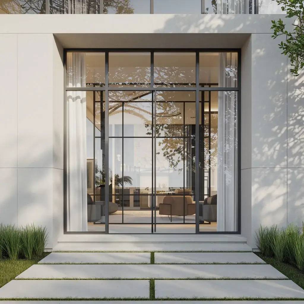 Une grande baie vitrée moderne offre une vue panoramique sur un intérieur élégant et lumineux, entourée de verdure bien entretenue.