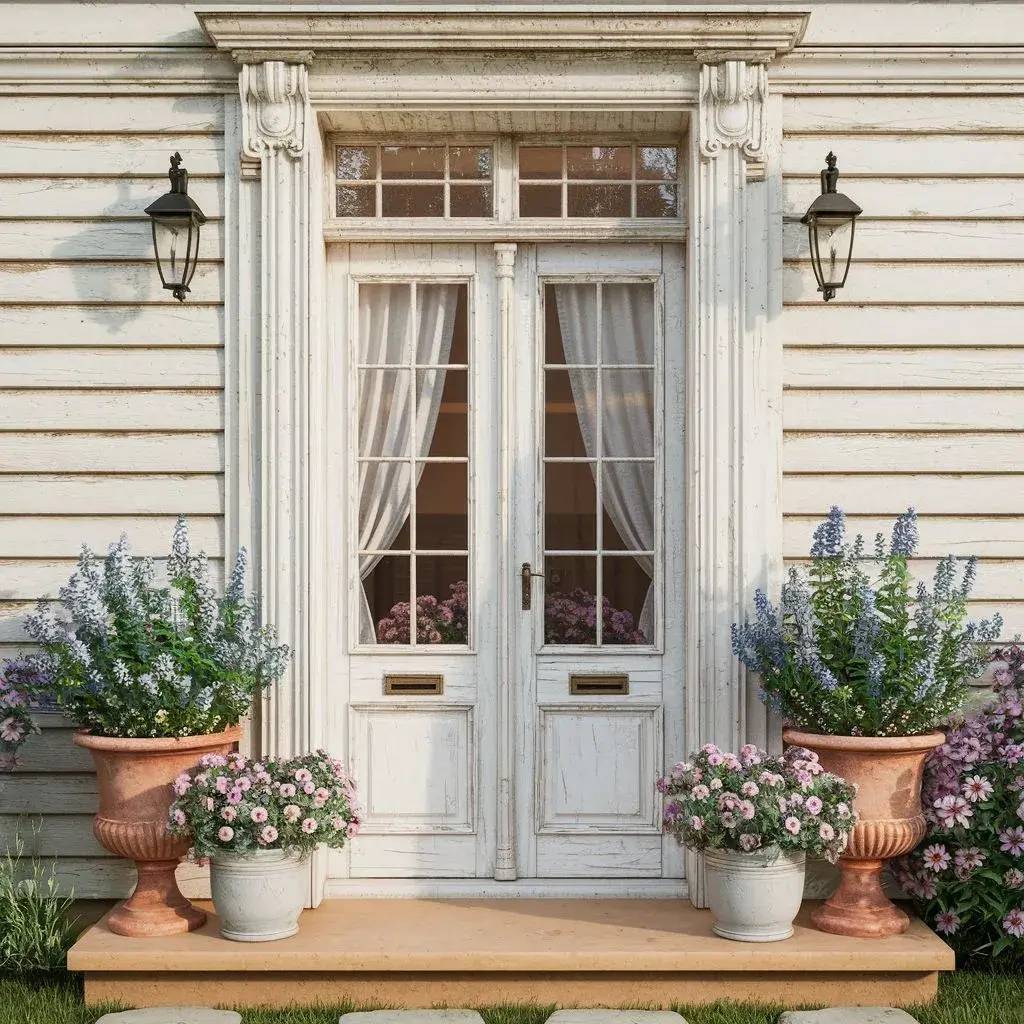 Une élégante porte-fenêtre en bois blanc, encadrée de pots de fleurs en terre cuite regorgeant de plantes colorées,