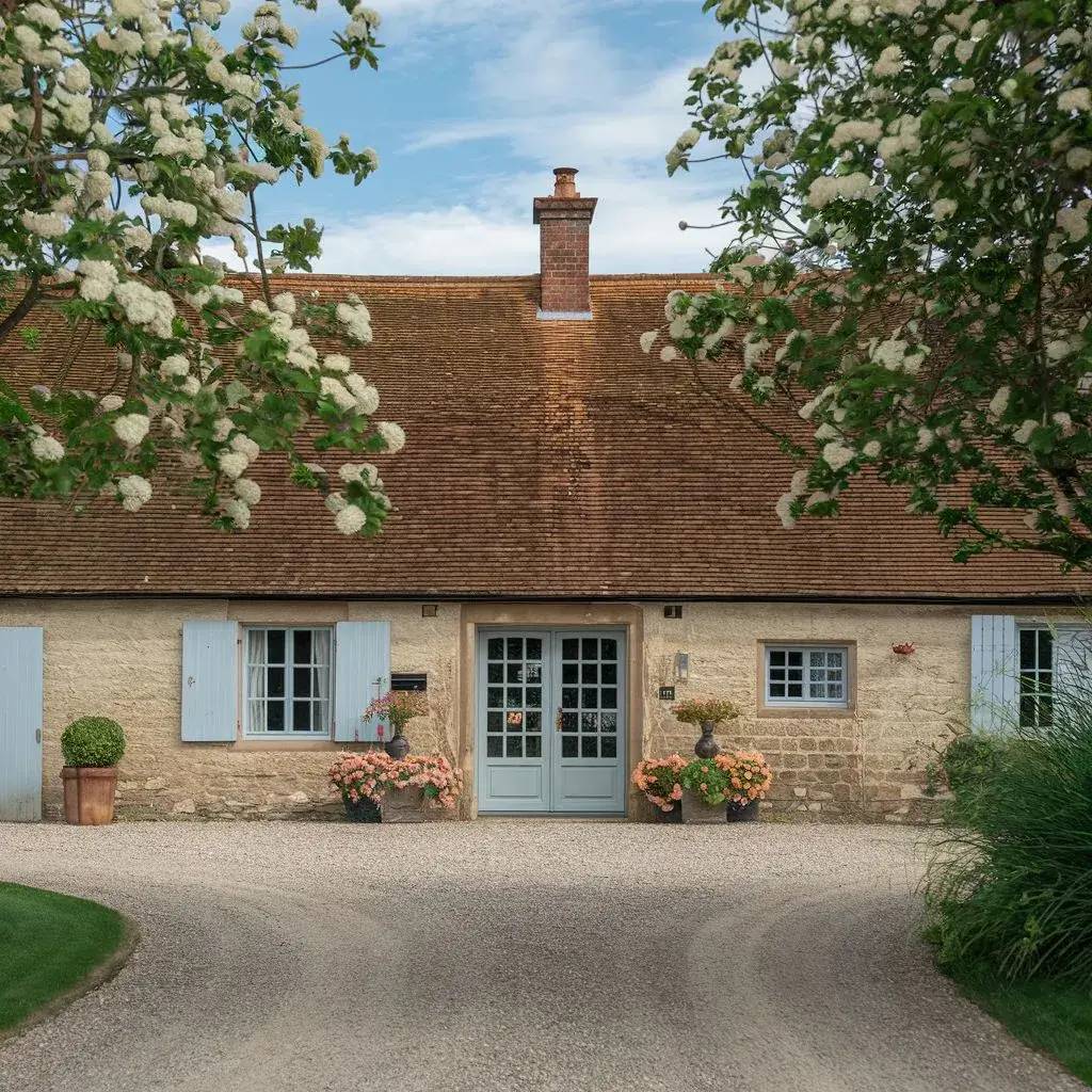 Une charmante maison en pierre aux volets bleus, entourée de fleurs et de verdure, sous un ciel bleu parsemé de nu