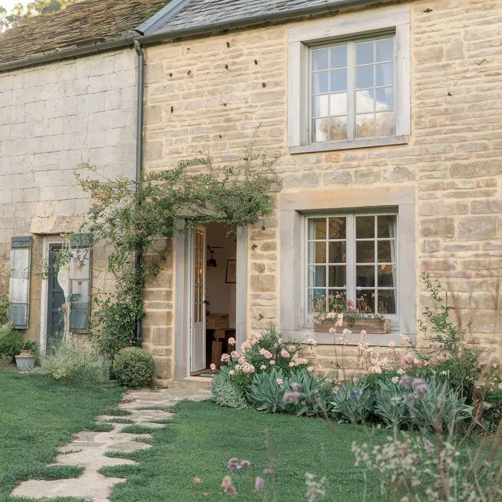Une charmante maison de campagne en pierre avec des volets bleus et un jardin fleuri accueillant.