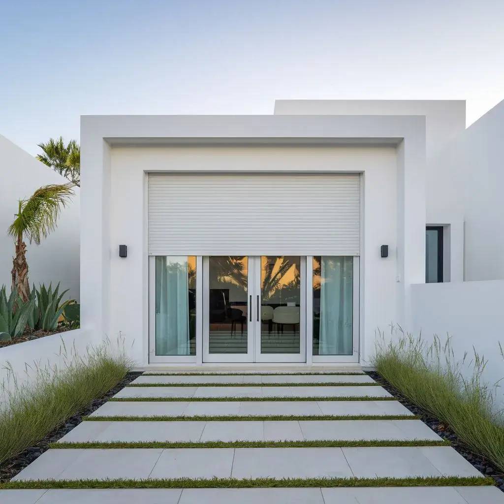 Façade moderne et minimaliste d'une maison blanche avec portes vitrées et jardin soigné.