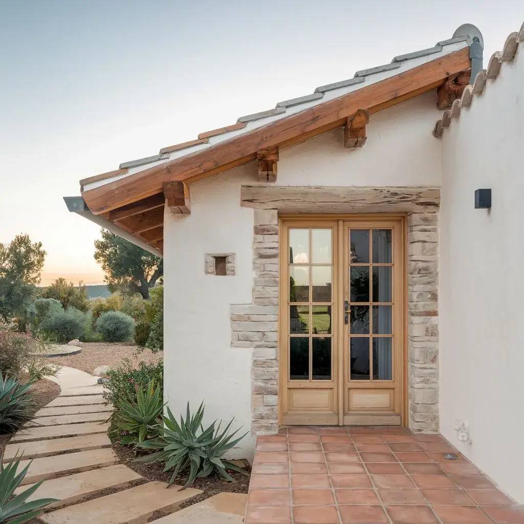 Une entrée de maison en style méditerranéen avec une porte en bois, entourée de pierres naturelles et d'un chemin pavé bordé de