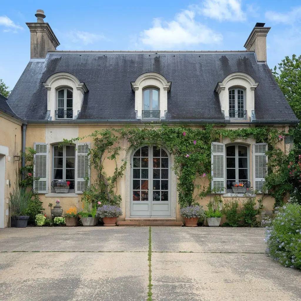 Façade charmante d'une maison avec des volets gris et des plantes grimpantes entourant les fenêtres et la porte.