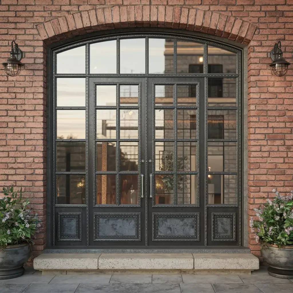 Une porte en verre et acier à double battant, encadrée par des briques rouges et ornée de pots de fleurs, crée une entrée