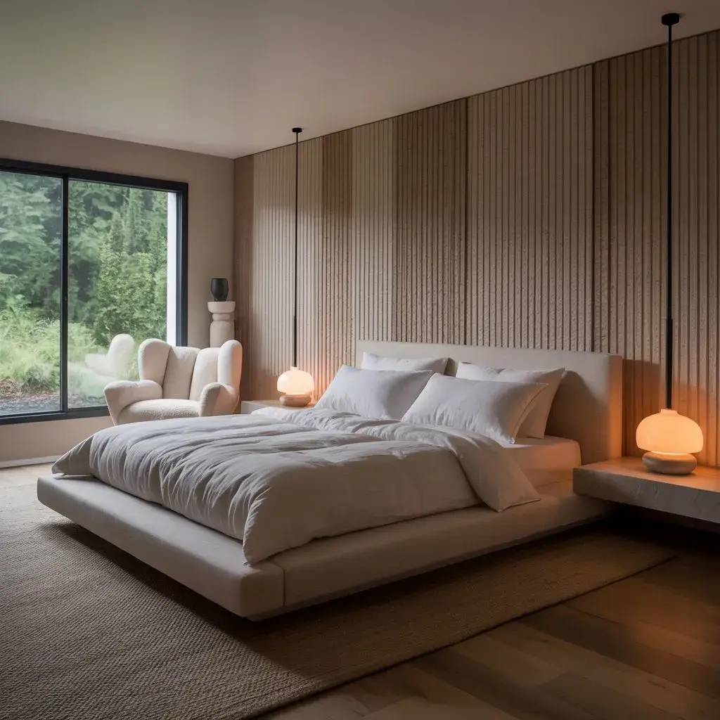 Cette image présente une chambre moderne et épurée avec un lit bas, des lampes suspendues et une grande fenêtre donnant sur un paysage verdoyant.