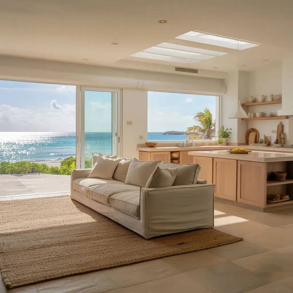 Un salon lumineux avec une vue imprenable sur la mer, décoré dans des tons neutres et naturels, offrant une atmosphère paisible et relax