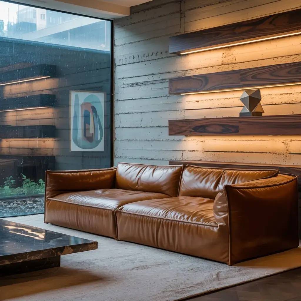 Un salon moderne avec un canapé en cuir marron, une table basse en marbre et un mur en béton décoré de luminaires linéaires