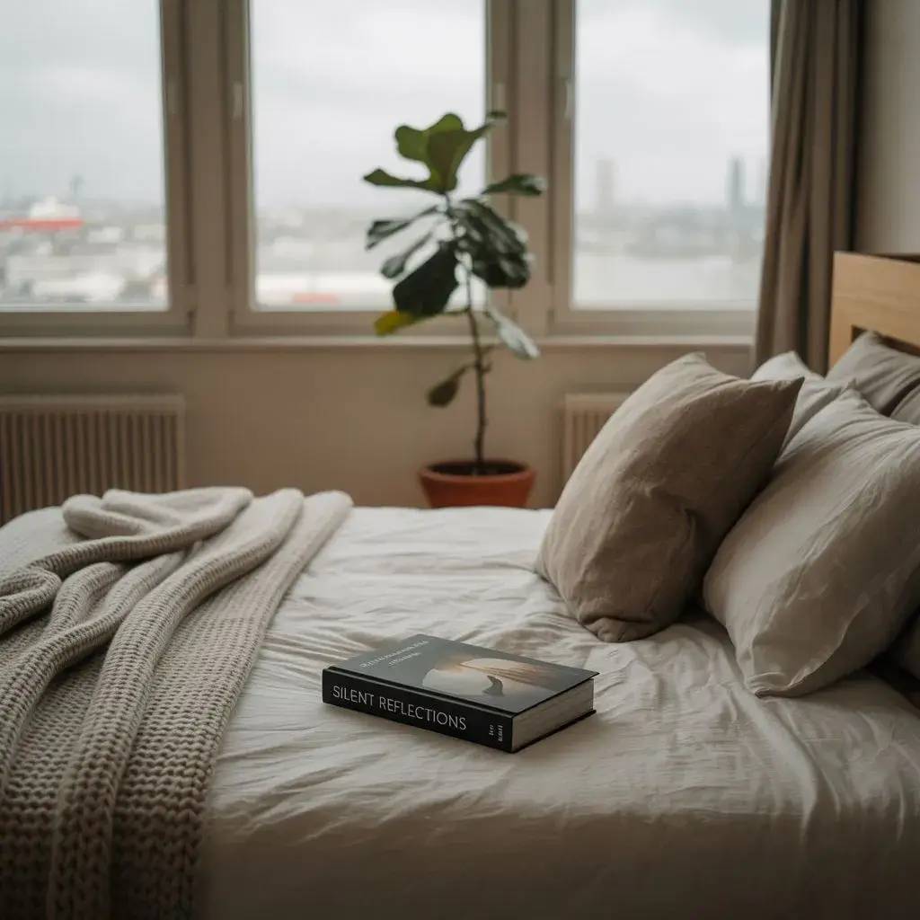 Une chambre sereine avec un lit douillet, ornée d'un livre posé sur une couverture tricotée et éclairée par une grande fenêtre.