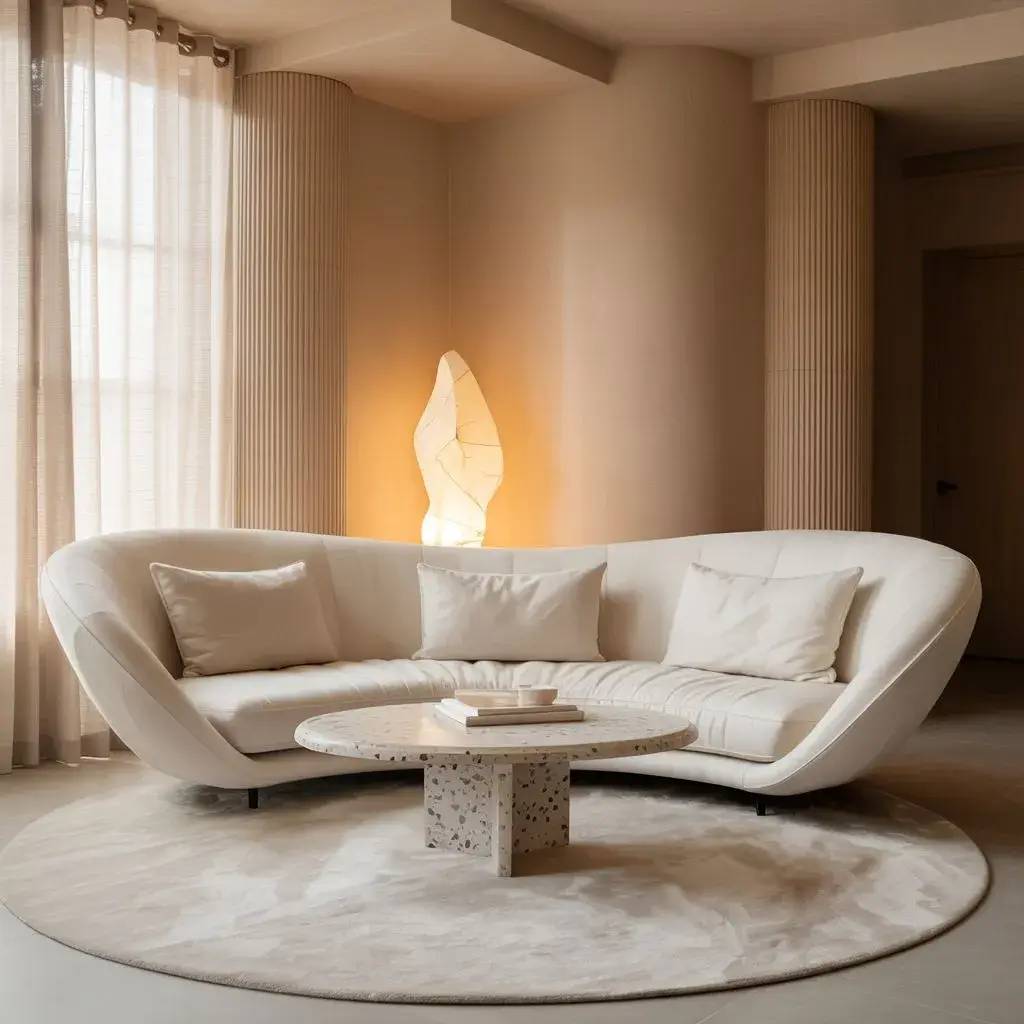 Un salon élégant avec un canapé blanc incurvé, une table basse en terrazzo et une lampe sculpturale, créant une atmosphère chaleureuse