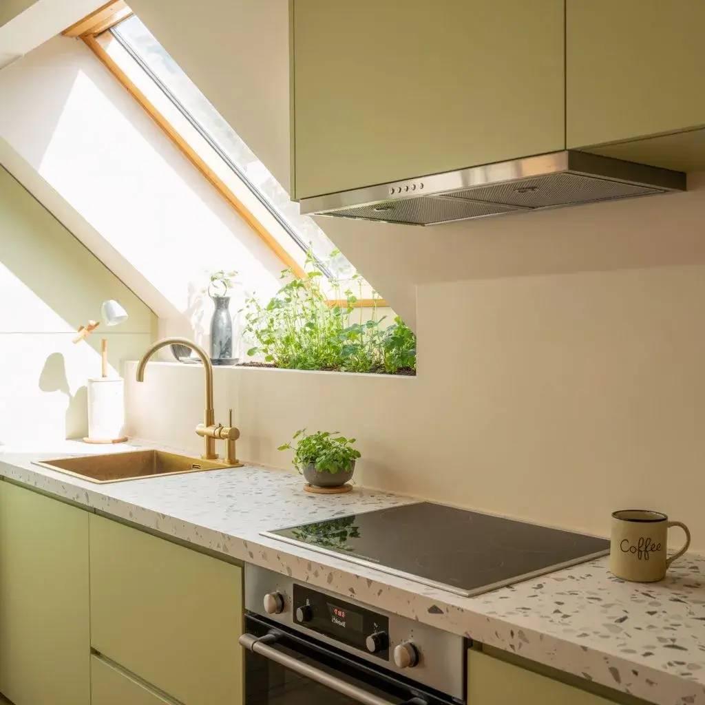 Une cuisine moderne et lumineuse avec des armoires vertes, un plan de travail en terrazzo, et un toit en pente laissant entrer la lumière