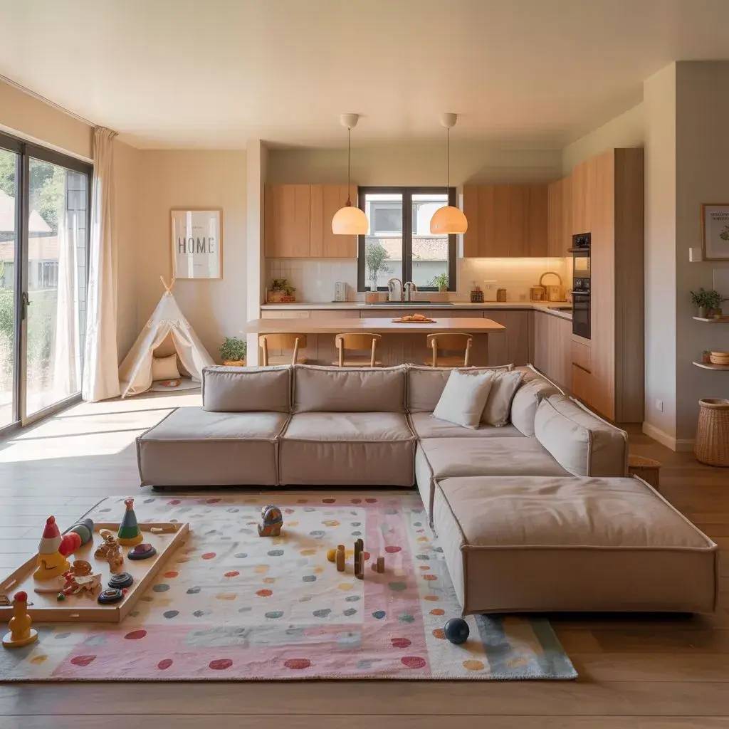 Un salon lumineux et moderne avec un canapé confortable, un tapis coloré parsemé de jouets, et une cuisine ouverte en arrière-plan.
