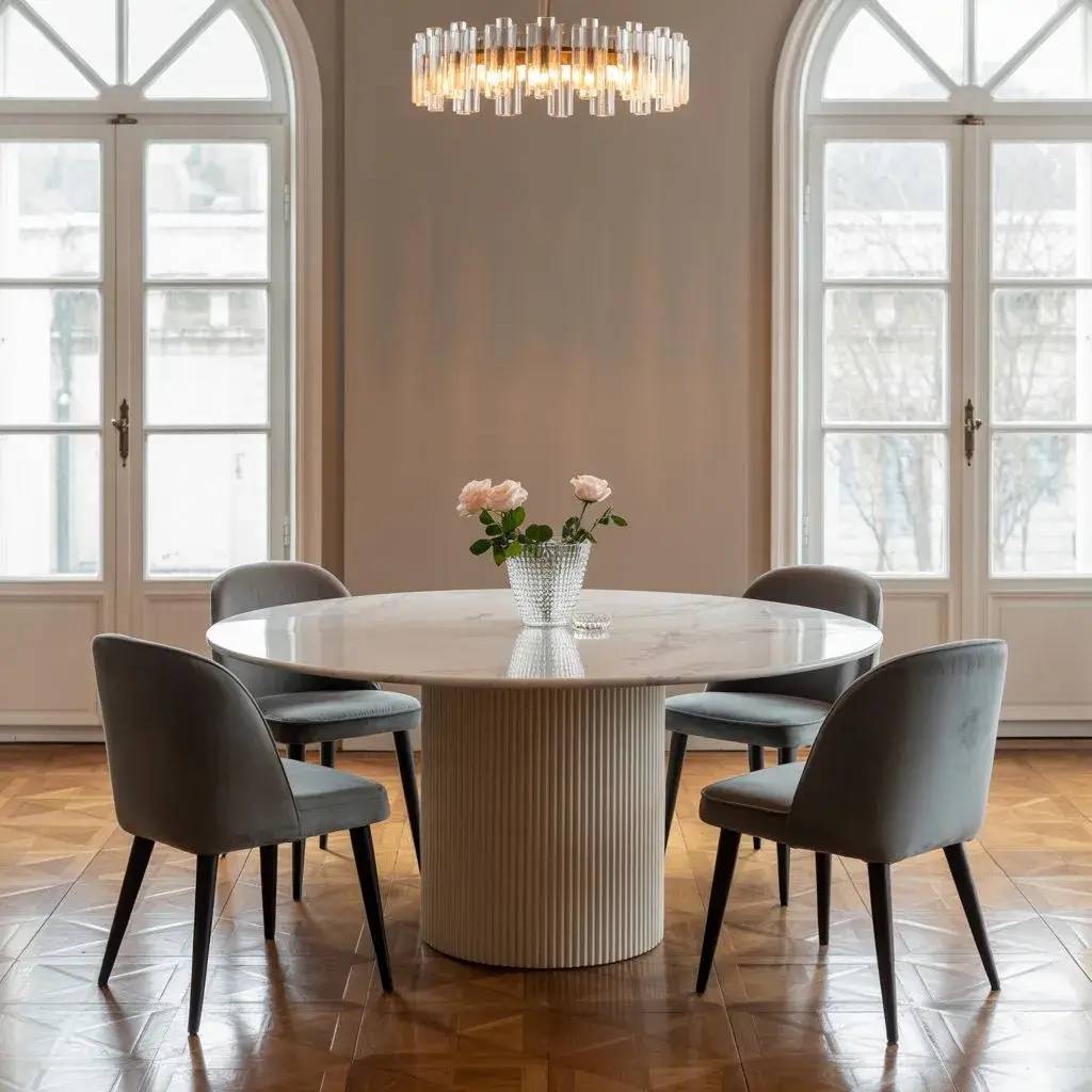 Une élégante salle à manger avec une table ronde en marbre, entourée de chaises grises, sous un lustre moderne.