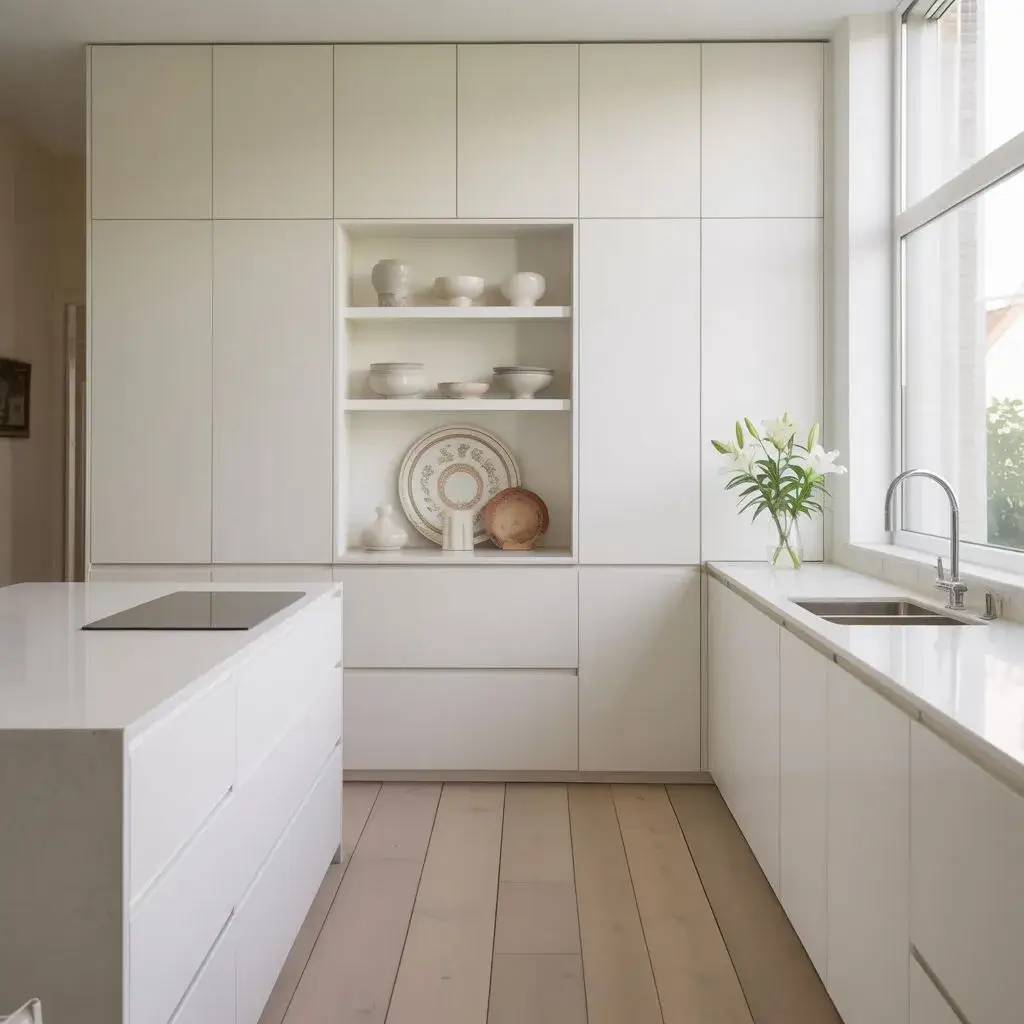 Une cuisine moderne et lumineuse avec des armoires blanches épurées, un plan de travail en marbre et des étagères ouvertes orn