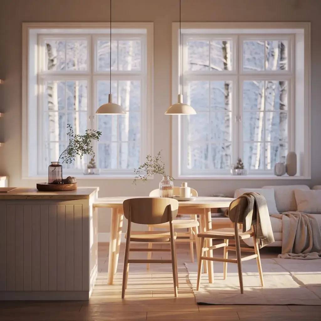 Une salle à manger lumineuse et moderne, baignée de lumière naturelle, avec des meubles en bois clair et une vue sur un paysage enneigé