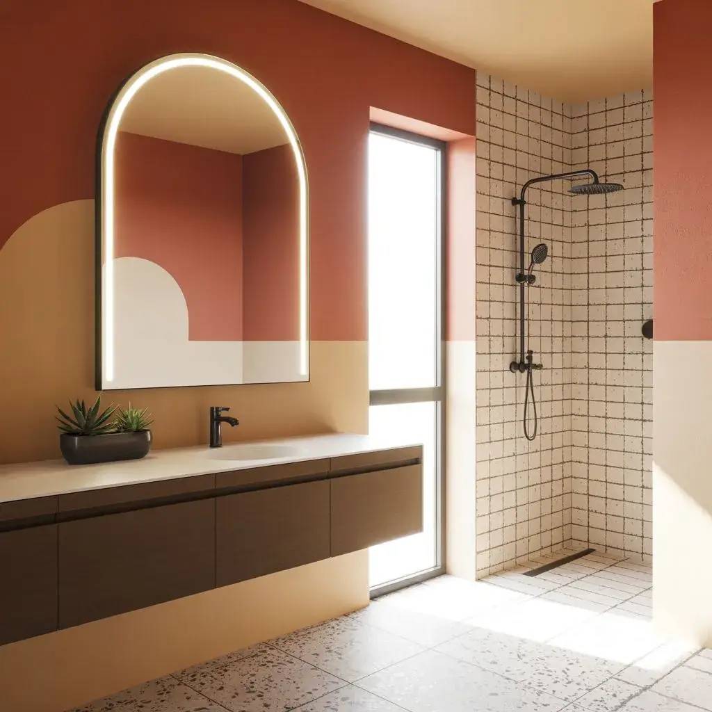 Une salle de bain moderne avec des murs bicolores, un grand miroir éclairé et une douche à carreaux avec une pomme de douche noire.