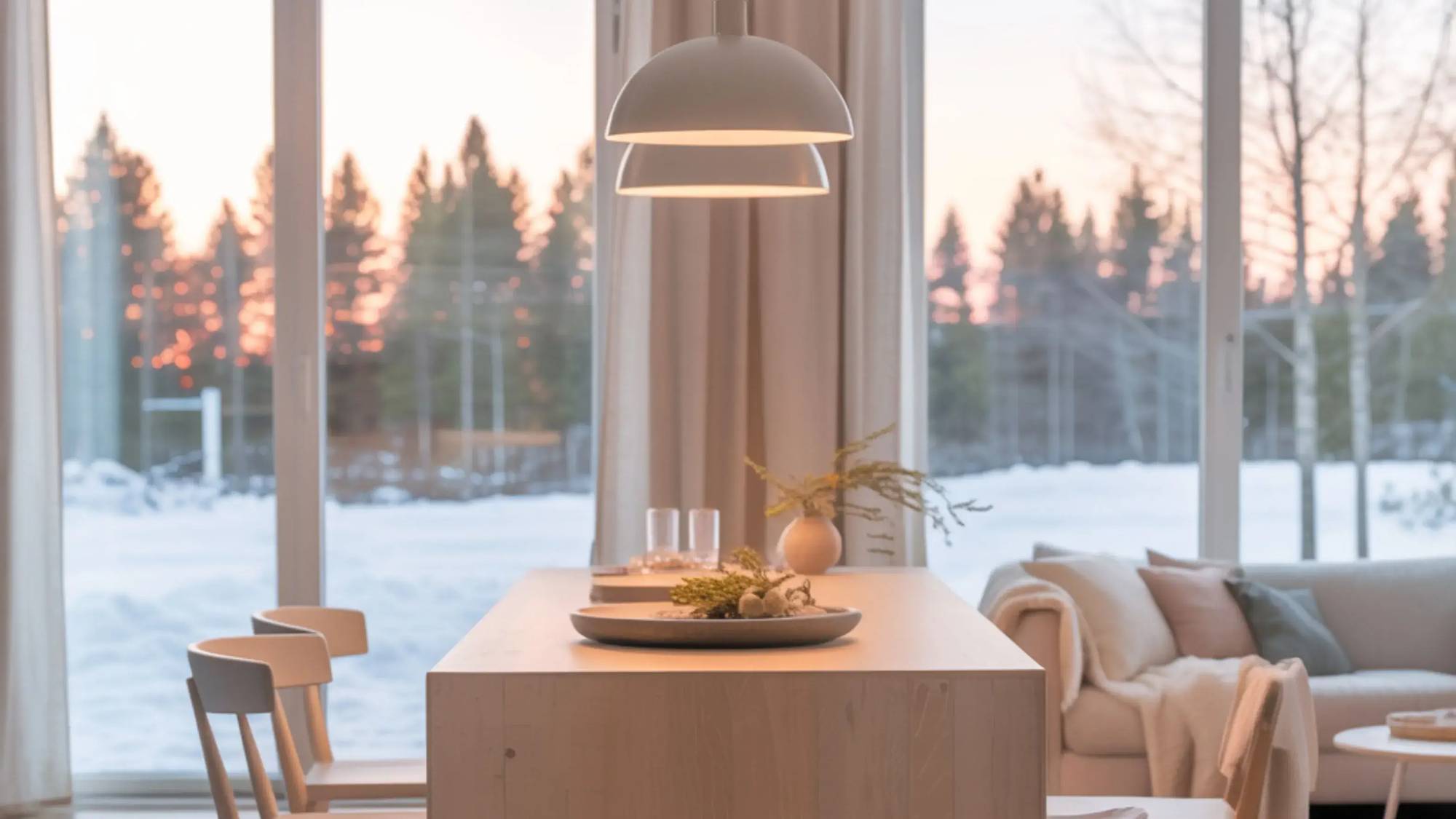 Une salle à manger lumineuse avec une grande table en bois clair, éclairée par une suspension moderne, donnant sur un paysage enneigé et des