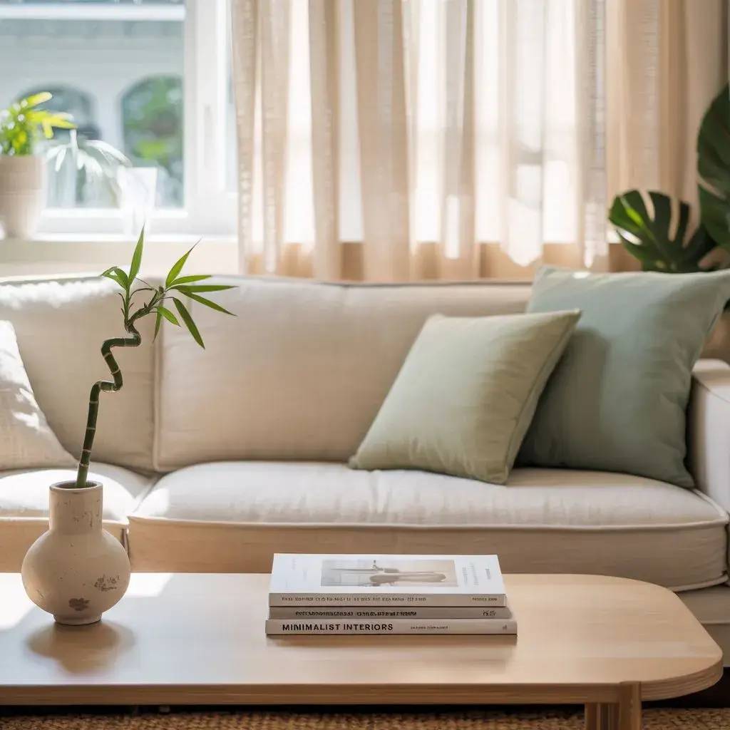 Un salon lumineux et minimaliste avec un canapé crème, des coussins verts et une table basse ornée de livres et d'un vase contenant une plante