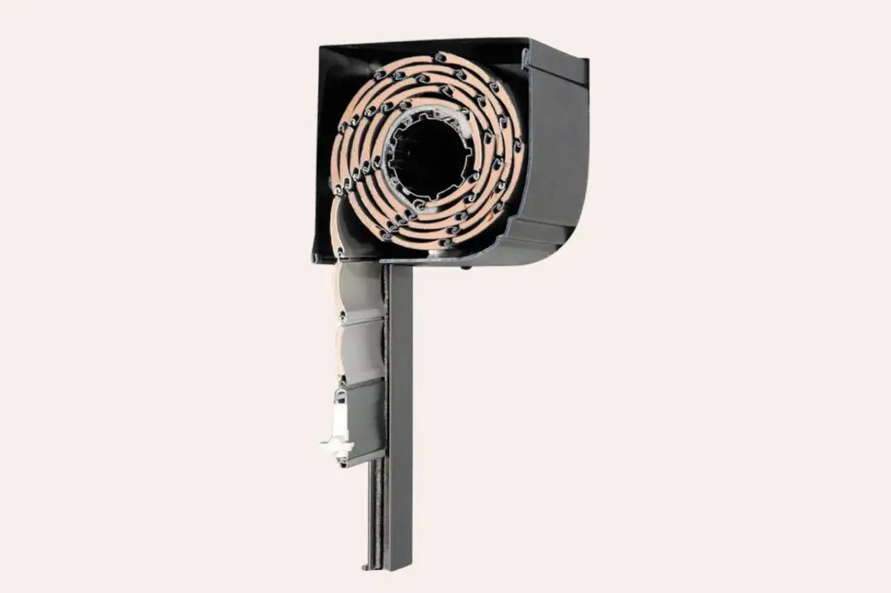Vue latérale d'un moteur tubulaire pour volet roulant intégrant une technologie de moteur en spirale.