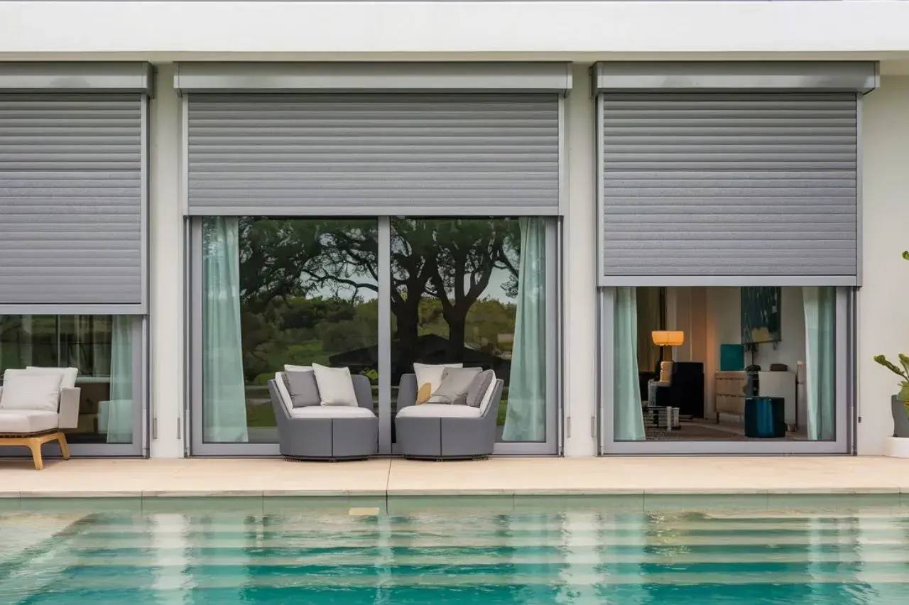 Un salon moderne avec de larges baies vitrées dotées de volets roulants, donnant sur une piscine et un jardin arboré.
