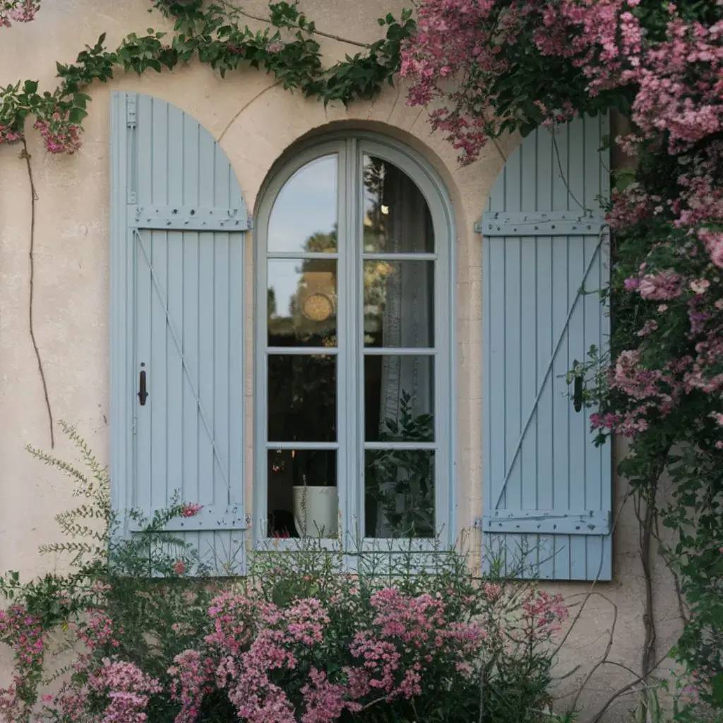 Fenêtre avec volets bleus encadrée de fleurs roses et de verdure sur une façade en pierre.
