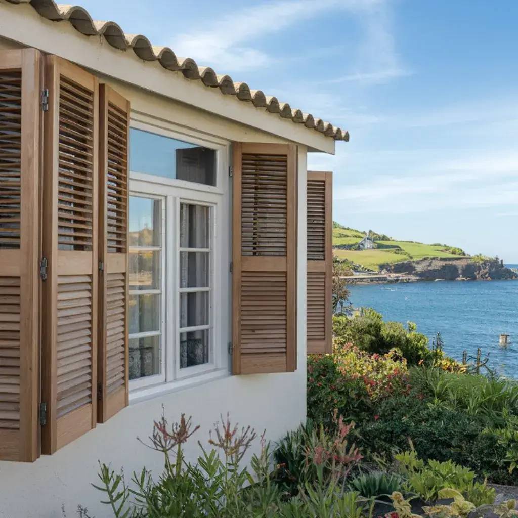 Vue d'une maison en bord de mer avec des volets en bois, entourée de végétation verdoyante et offrant un magnifique panorama sur l