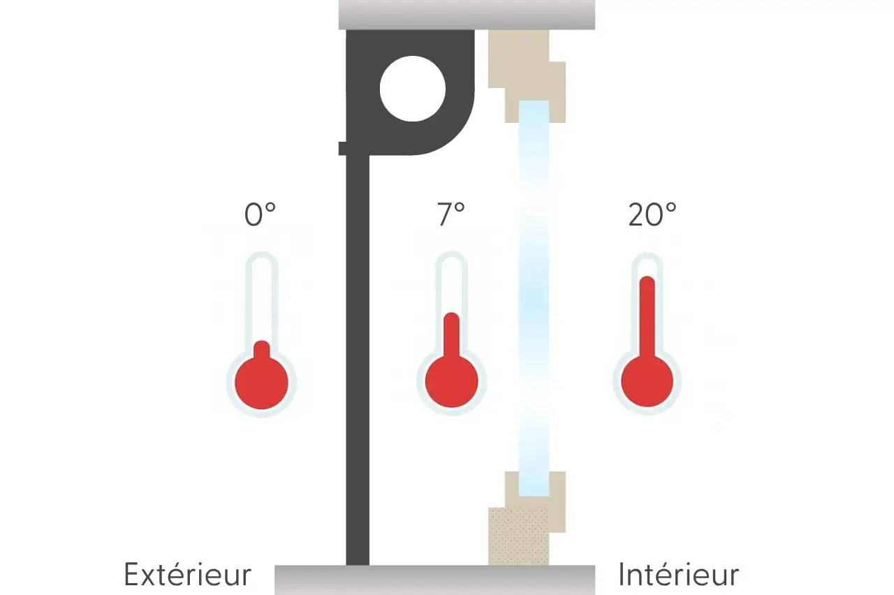 Schéma illustrant la différence de température entre l'extérieur à 0°C, l'intérieur à 20°C, et une zone intermédiaire à 