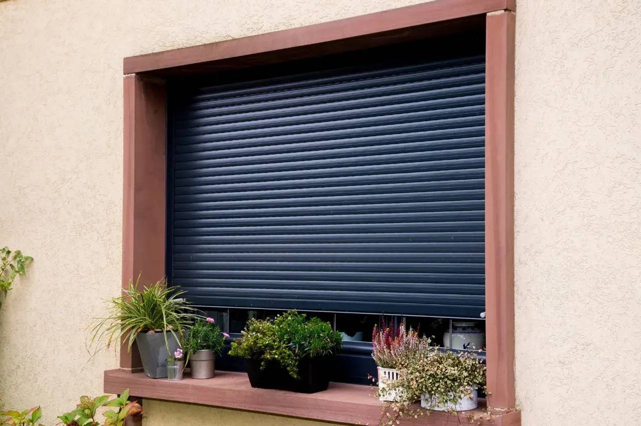 Un volet roulant noir fermé encadre une fenêtre avec plusieurs plantes en pots sur le rebord extérieur.