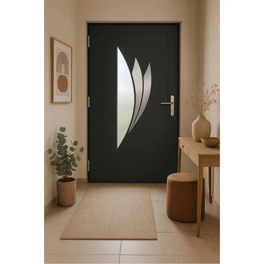 Entrée moderne et épurée avec une porte noire élégante ornée de motifs géométriques en verre, entourée de décor minimaliste et chaleureux