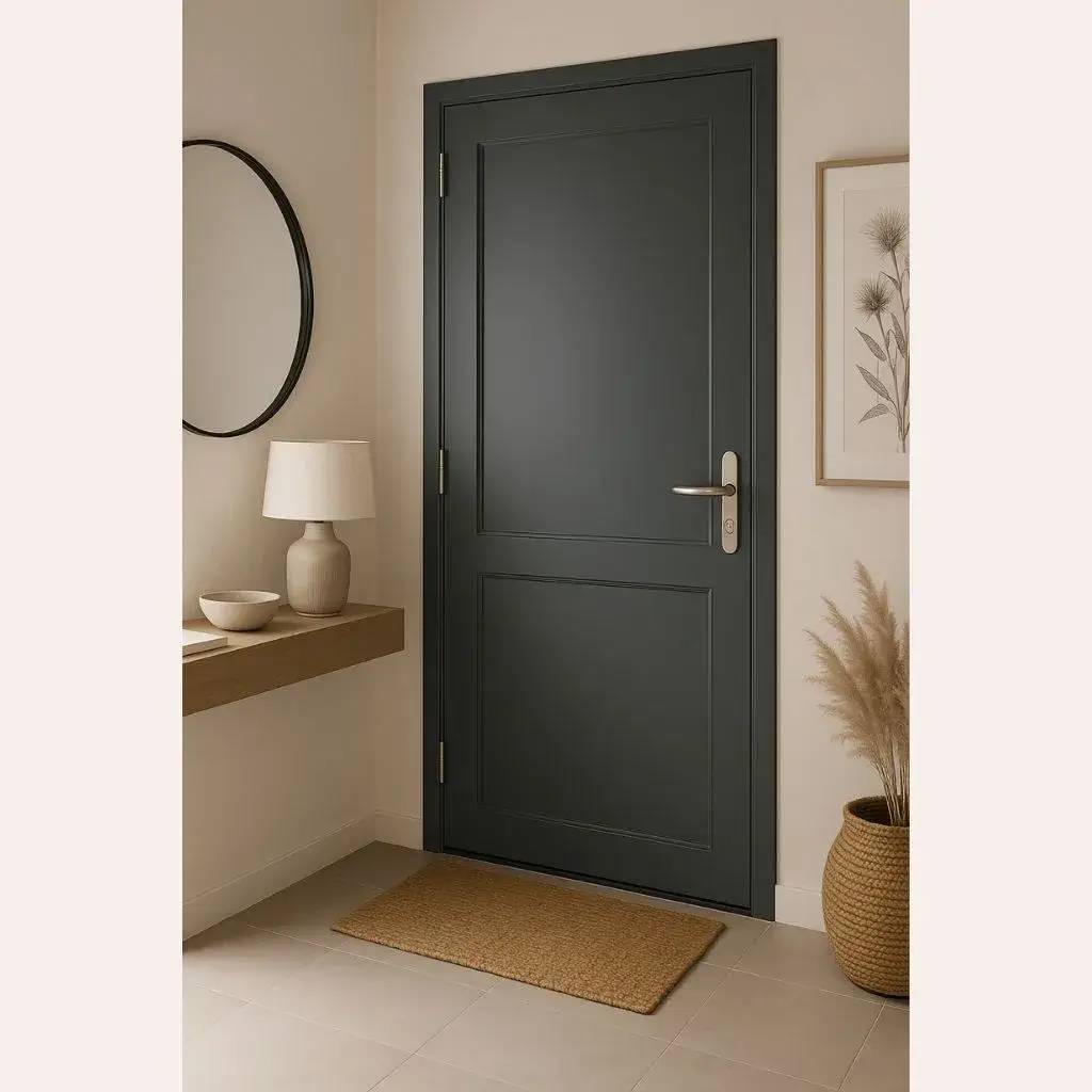 Une porte intérieure noire mate dans un hall d'entrée au design minimaliste, avec un tapis beige, une lampe, et des éléments décoratifs naturels.