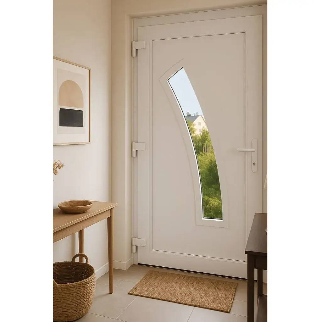 Une entrée lumineuse et moderne avec une porte blanche au design géométrique, encadrée par un mobilier en bois et une décoration minimaliste.