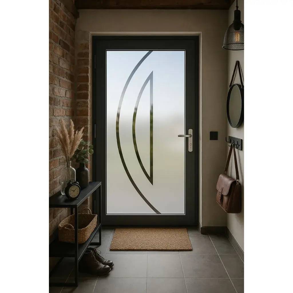 Un hall d'entrée moderne avec une porte vitrée ornée de motifs géométriques, flanquée d'une table étroite surmontée