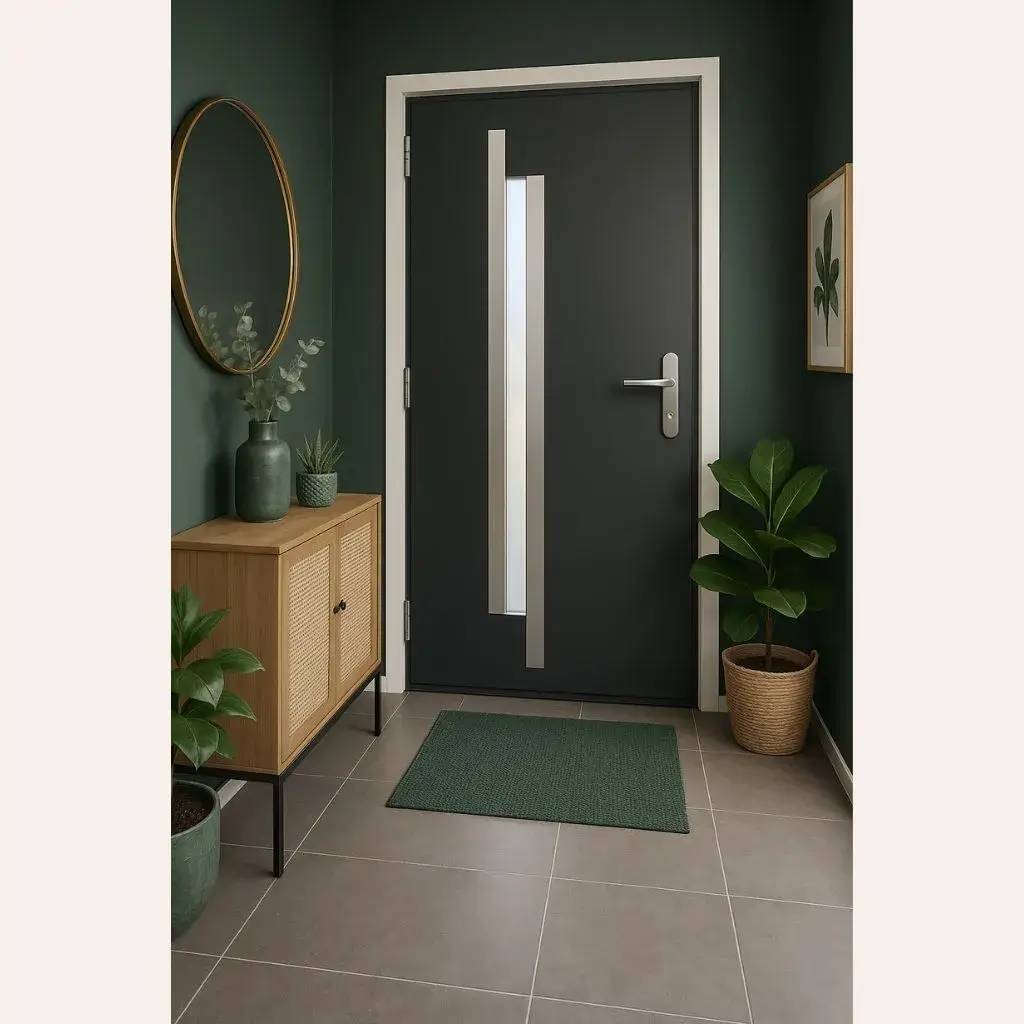 Un intérieur moderne avec une porte d'entrée élégante, entourée de plantes vertes et de mobilier en bois clair.